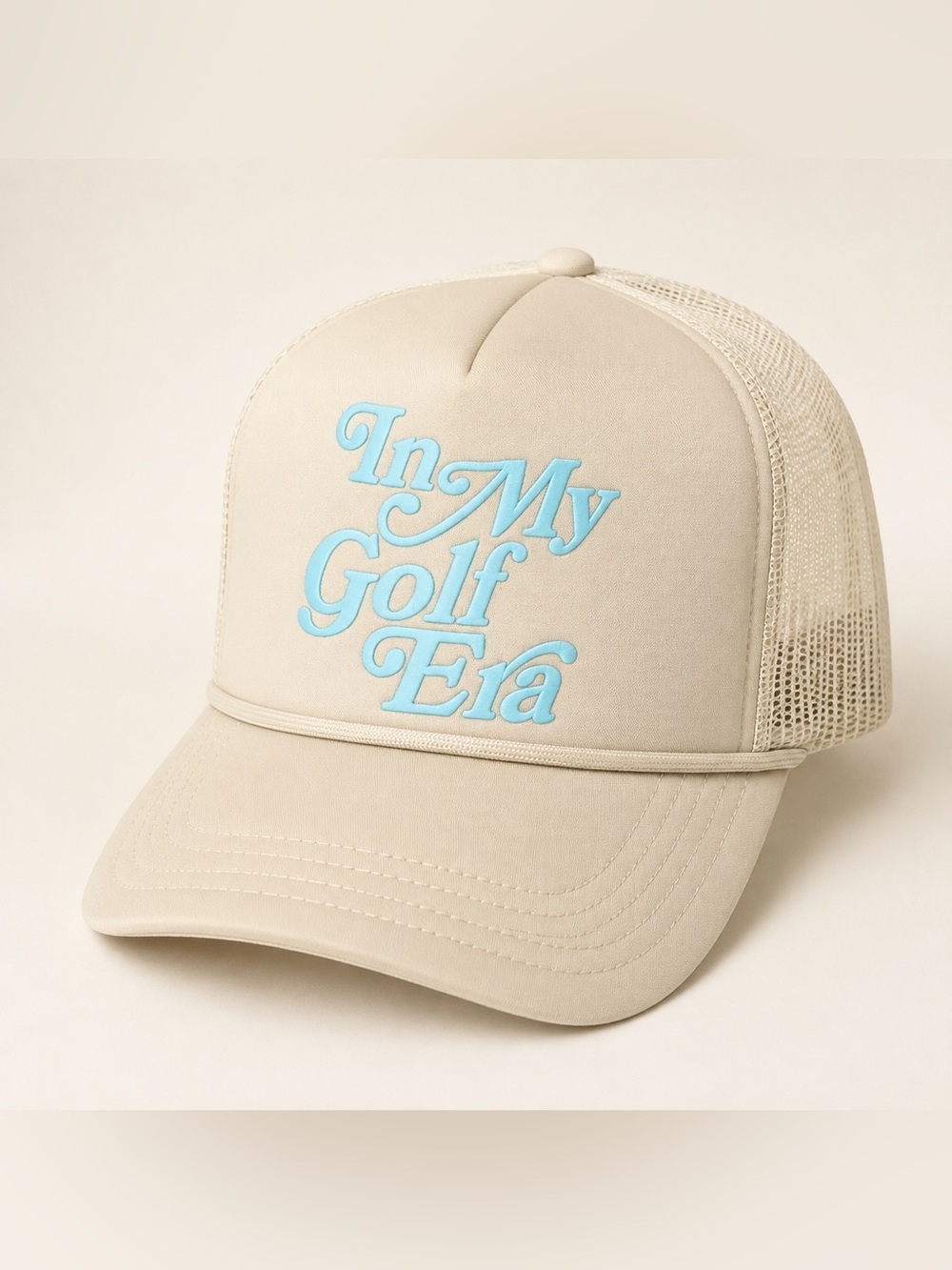Topgolf In My Golf Era Tan Cream Turquoise Blue Mesh Trucker Hat Snapback NWT OS